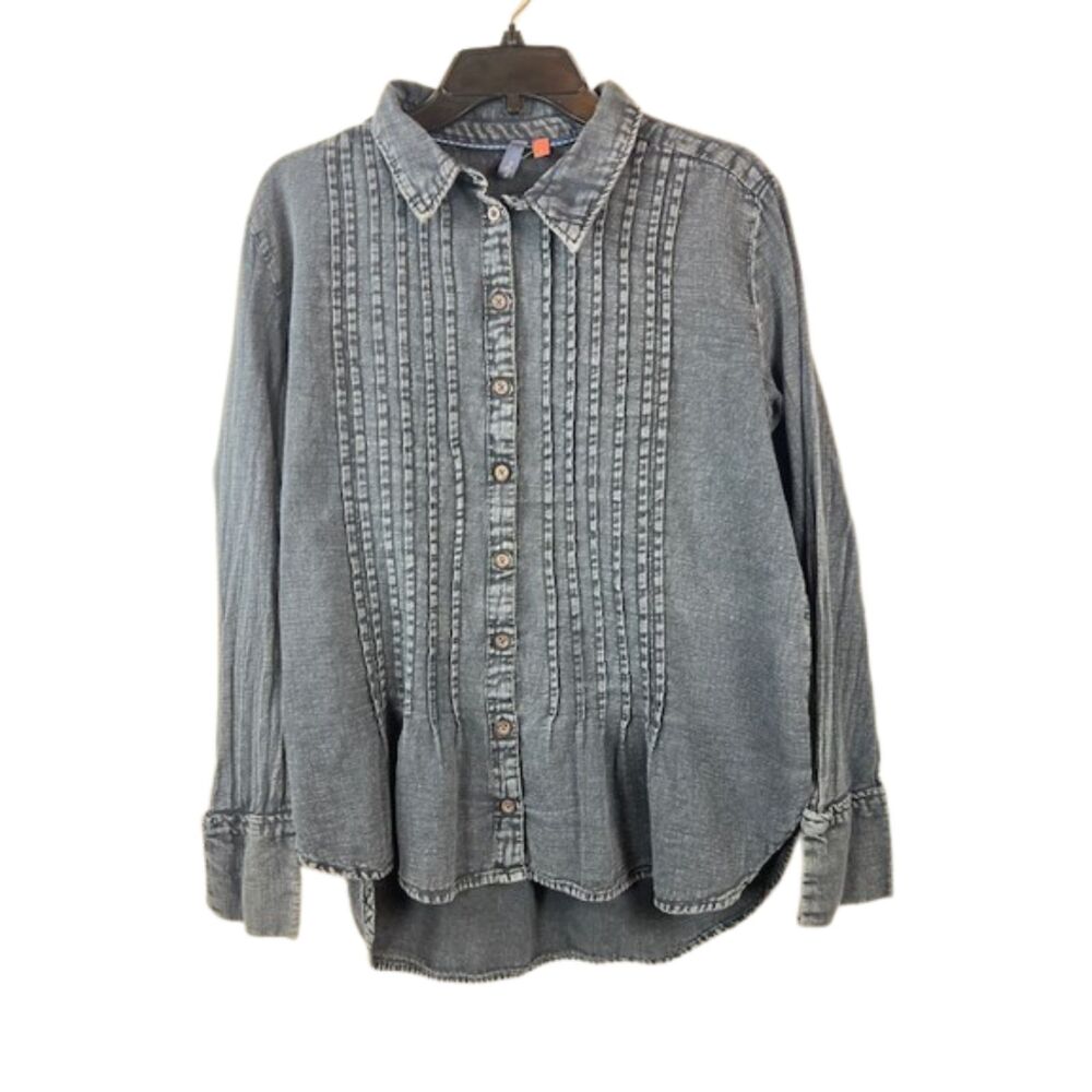 Anthro Pilcro Dark Wash Denim Blue Pleated Tuxedo Boho Button Down Shirt Medium